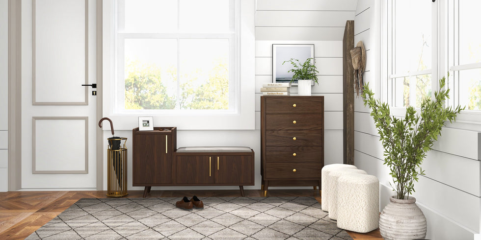 HMR - Modern Entryway Bench Boucle Upholstered Molecule Ottoman Wooden Frame