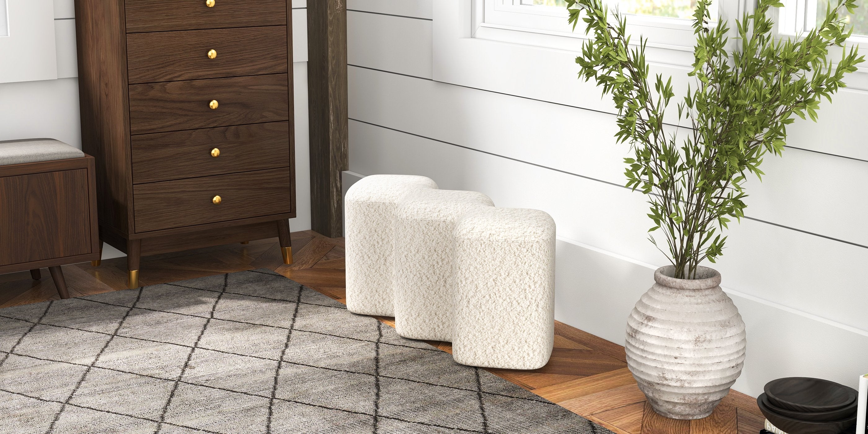 HMR - Modern Entryway Bench Boucle Upholstered Molecule Ottoman Wooden Frame