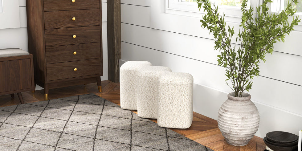 HMR - Modern Entryway Bench Boucle Upholstered Molecule Ottoman Wooden Frame
