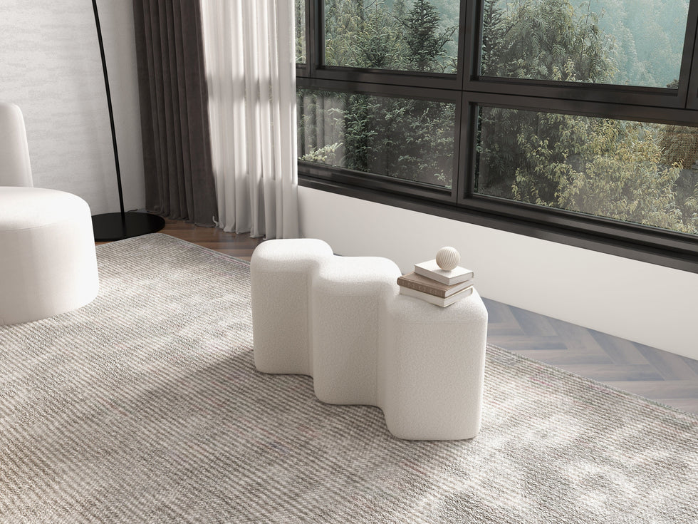 HMR - Modern Entryway Bench Boucle Upholstered Molecule Ottoman Wooden Frame