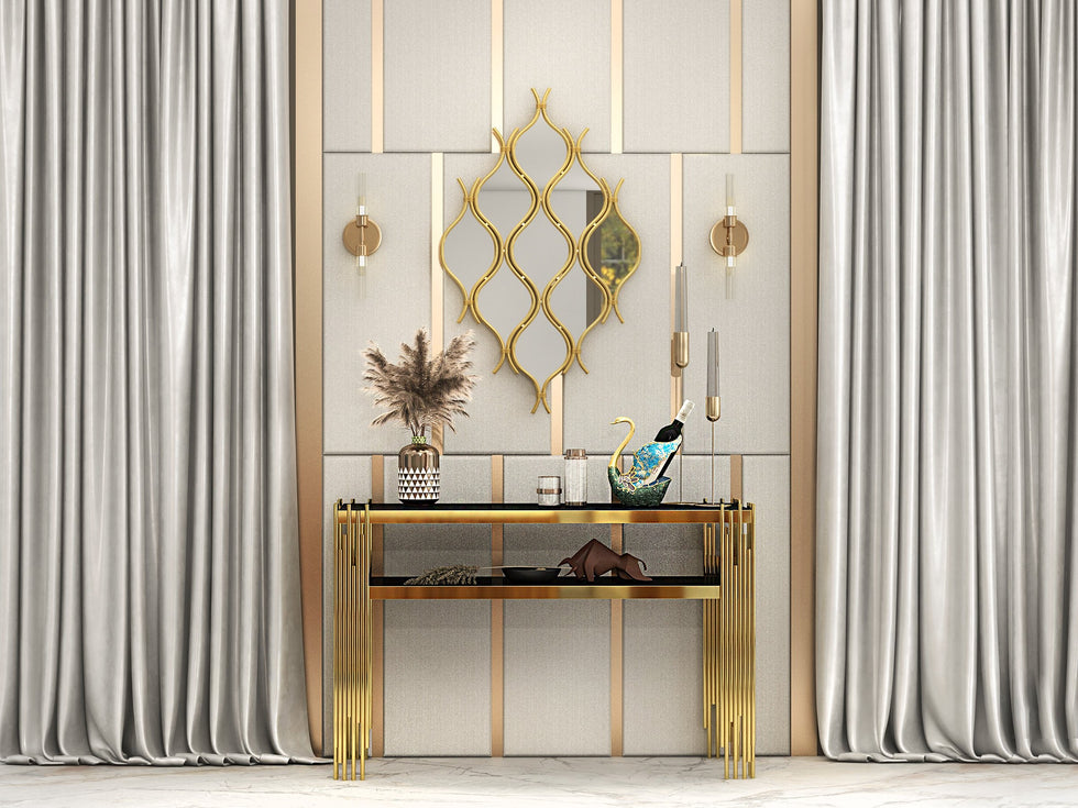 HMR - 39.4" Glam Irregular Geometric Gold Metal Abstract Wall Mirror for Entryway