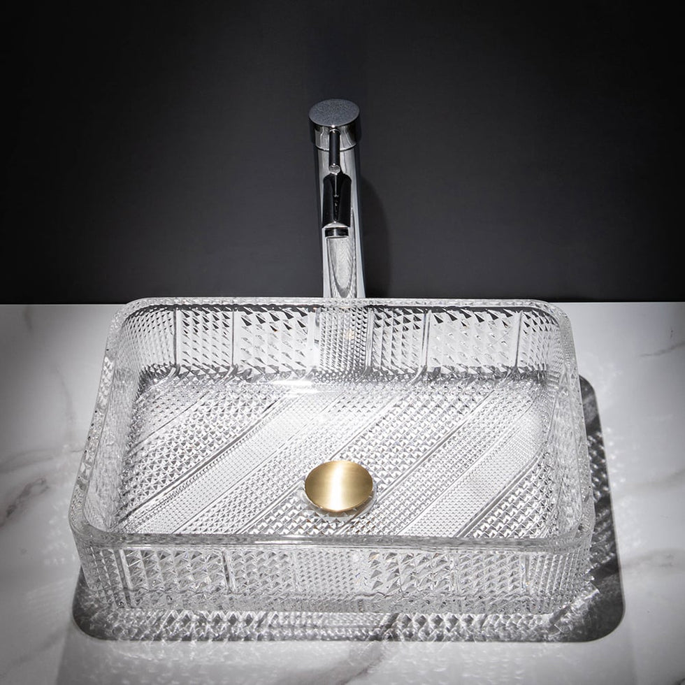 HMR - Modern Glass Rectangle Transparent Bathroom Vessel Sink Wash Sink with Drain