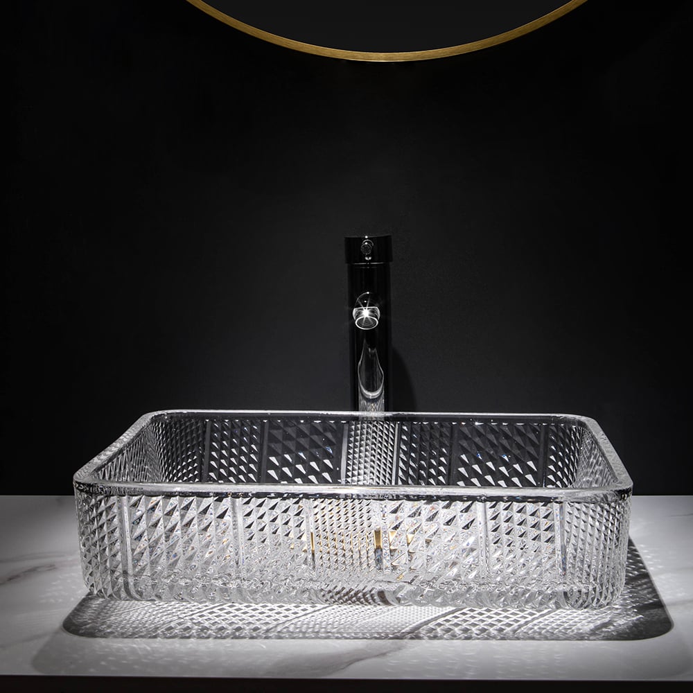 HMR - Modern Glass Rectangle Transparent Bathroom Vessel Sink Wash Sink with Drain