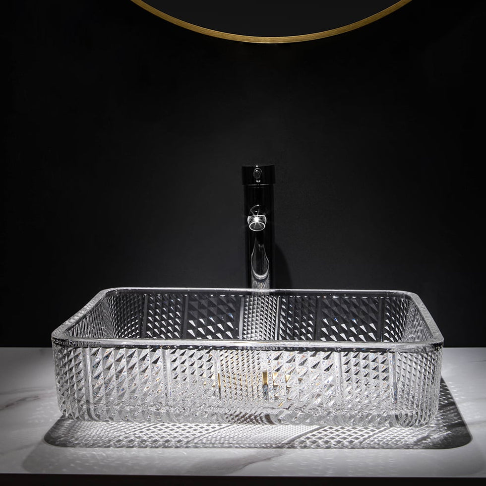 HMR - Modern Glass Rectangle Transparent Bathroom Vessel Sink Wash Sink with Drain