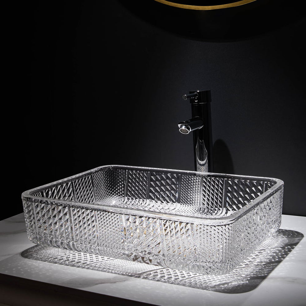 HMR - Modern Glass Rectangle Transparent Bathroom Vessel Sink Wash Sink with Drain