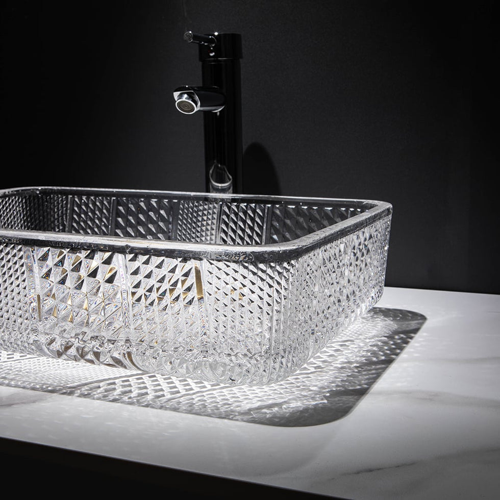 HMR - Modern Glass Rectangle Transparent Bathroom Vessel Sink Wash Sink with Drain