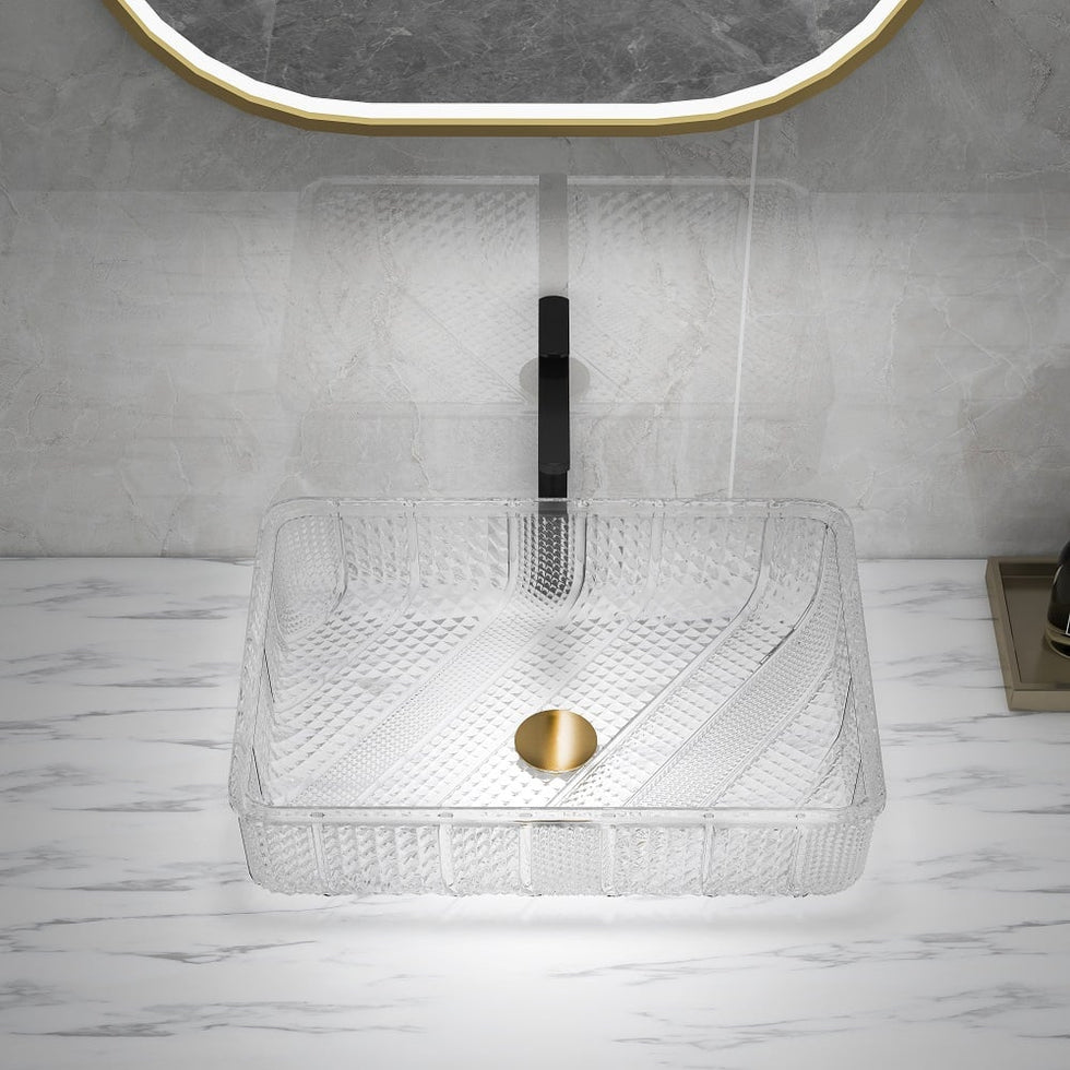 HMR - Modern Glass Rectangle Transparent Bathroom Vessel Sink Wash Sink with Drain