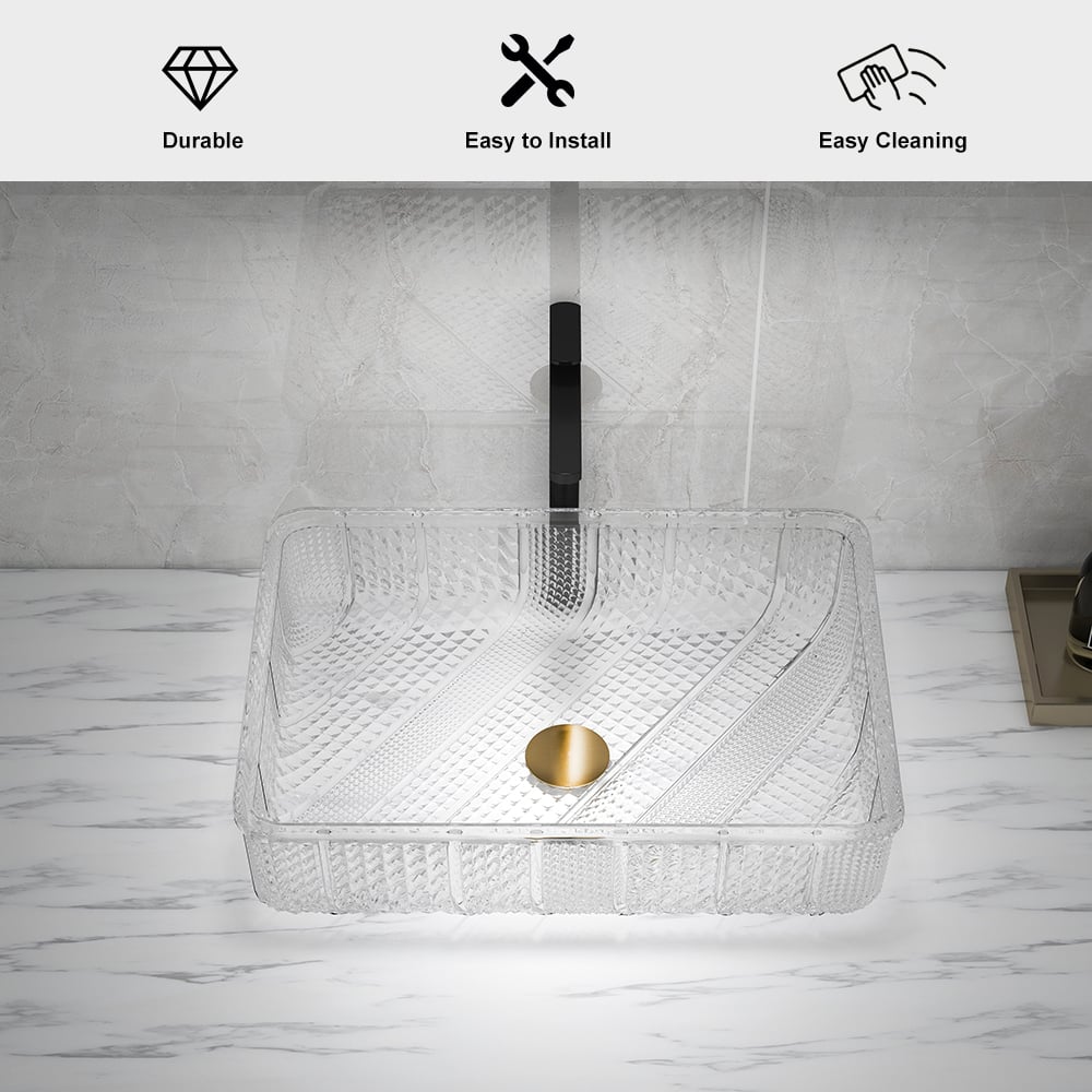 HMR - Modern Glass Rectangle Transparent Bathroom Vessel Sink Wash Sink with Drain