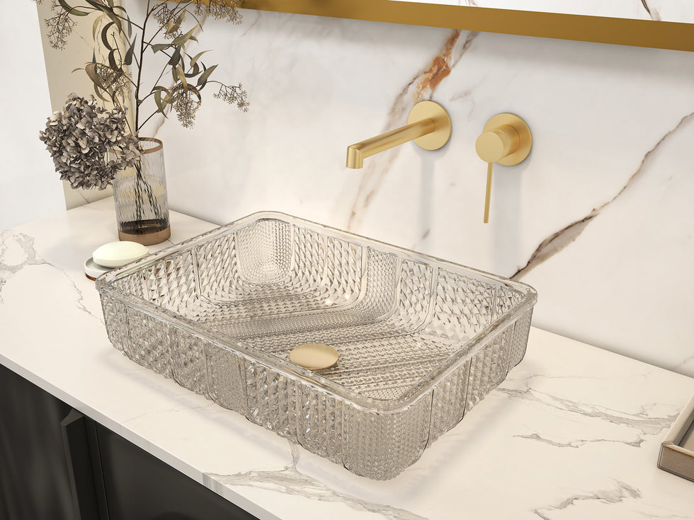 HMR - Modern Glass Rectangle Transparent Bathroom Vessel Sink Wash Sink with Drain