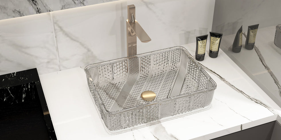 HMR - Modern Glass Rectangle Transparent Bathroom Vessel Sink Wash Sink with Drain
