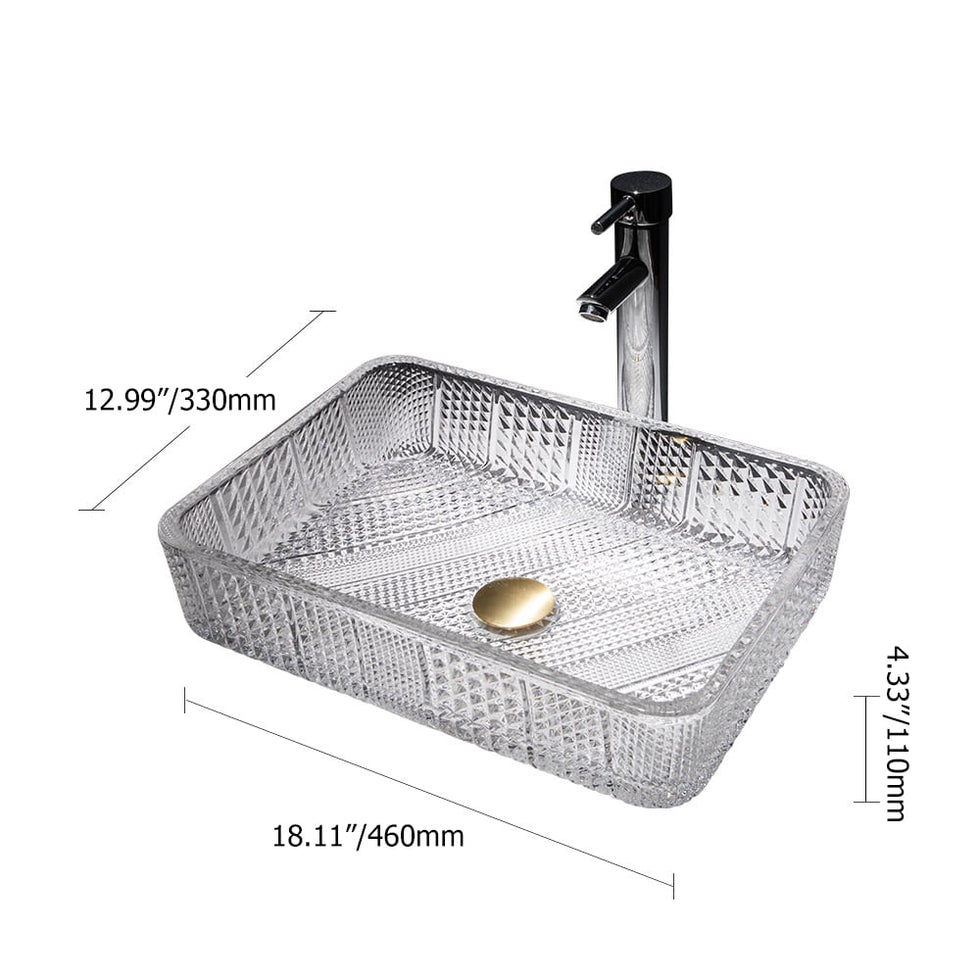 HMR - Modern Glass Rectangle Transparent Bathroom Vessel Sink Wash Sink with Drain