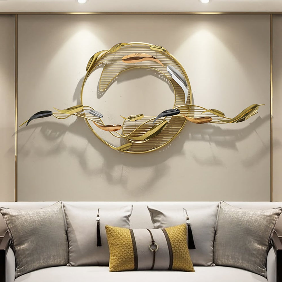 HMR - 58.3"W Modern Surge Fishes Metal Wall Decor with Unique Shape in Gold for Living Room