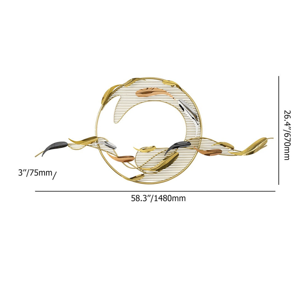 HMR - 58.3"W Modern Surge Fishes Metal Wall Decor with Unique Shape in Gold for Living Room