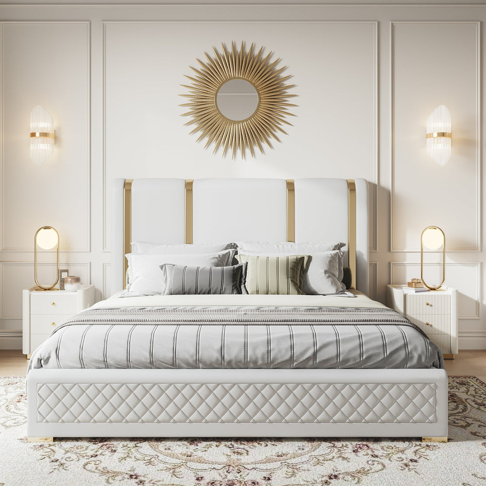 HMR - Modern Upholstered Bed Frame with Polished Gold and Faux Leather Headboard
