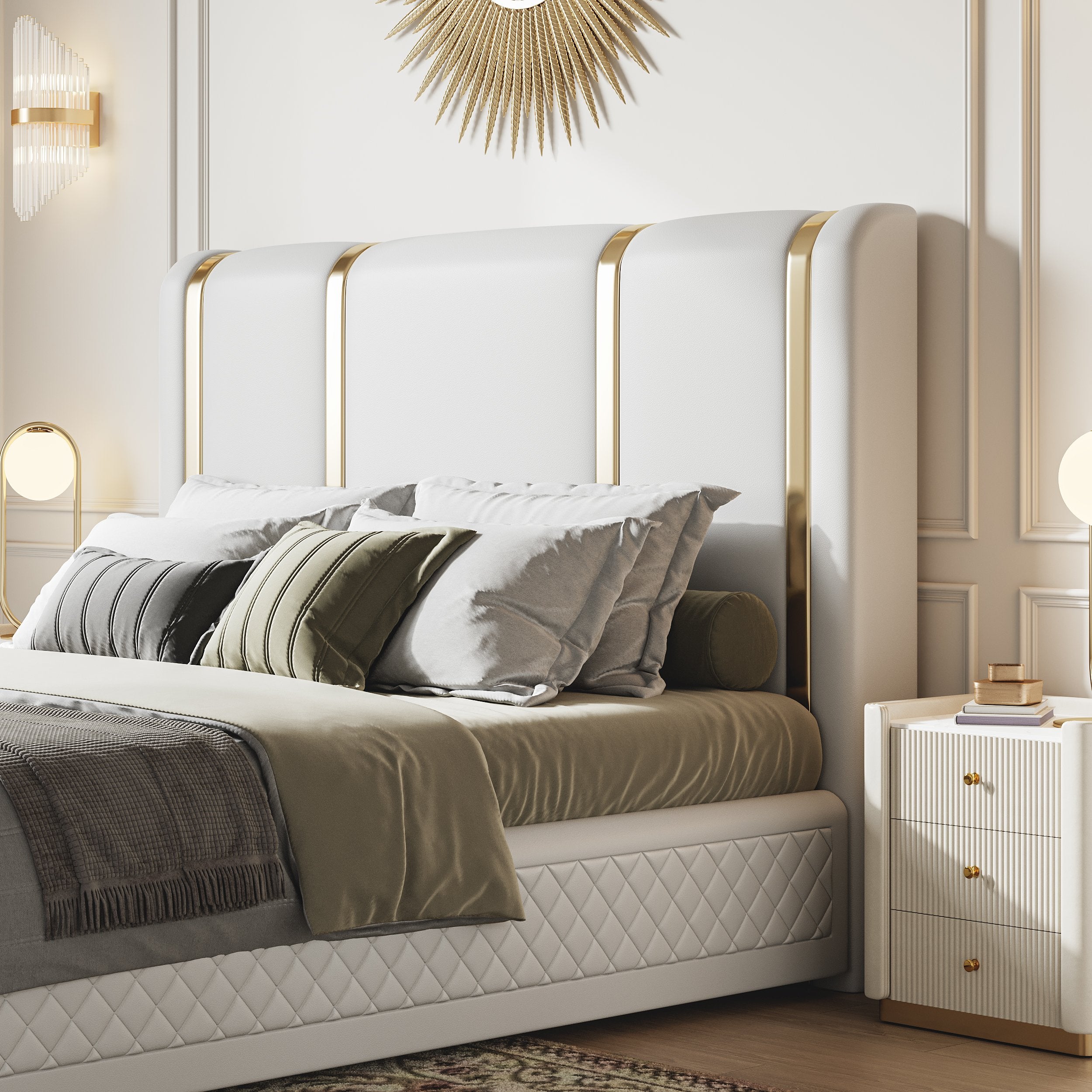 HMR - Modern Upholstered Bed Frame with Polished Gold and Faux Leather Headboard