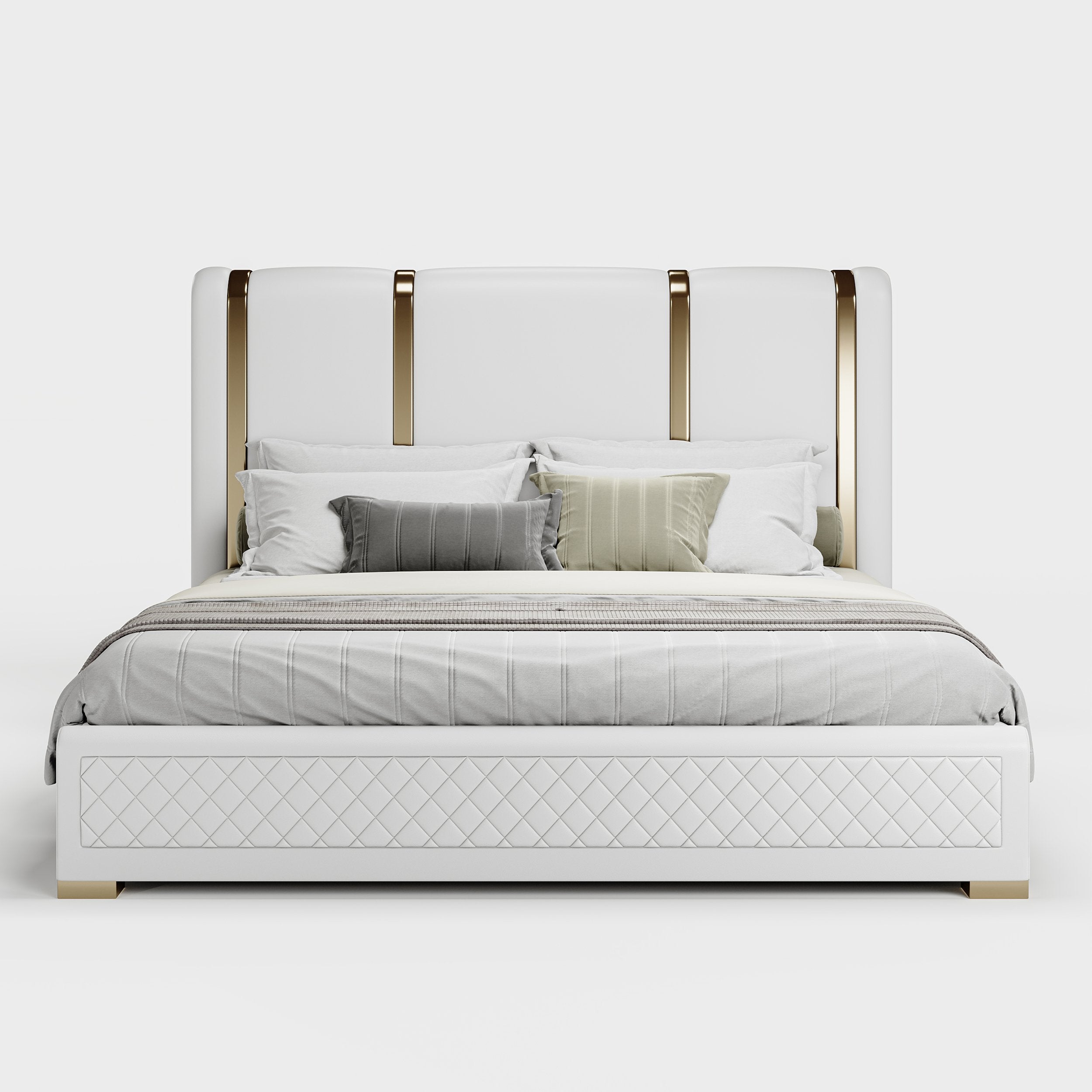 HMR - Modern Upholstered Bed Frame with Polished Gold and Faux Leather Headboard