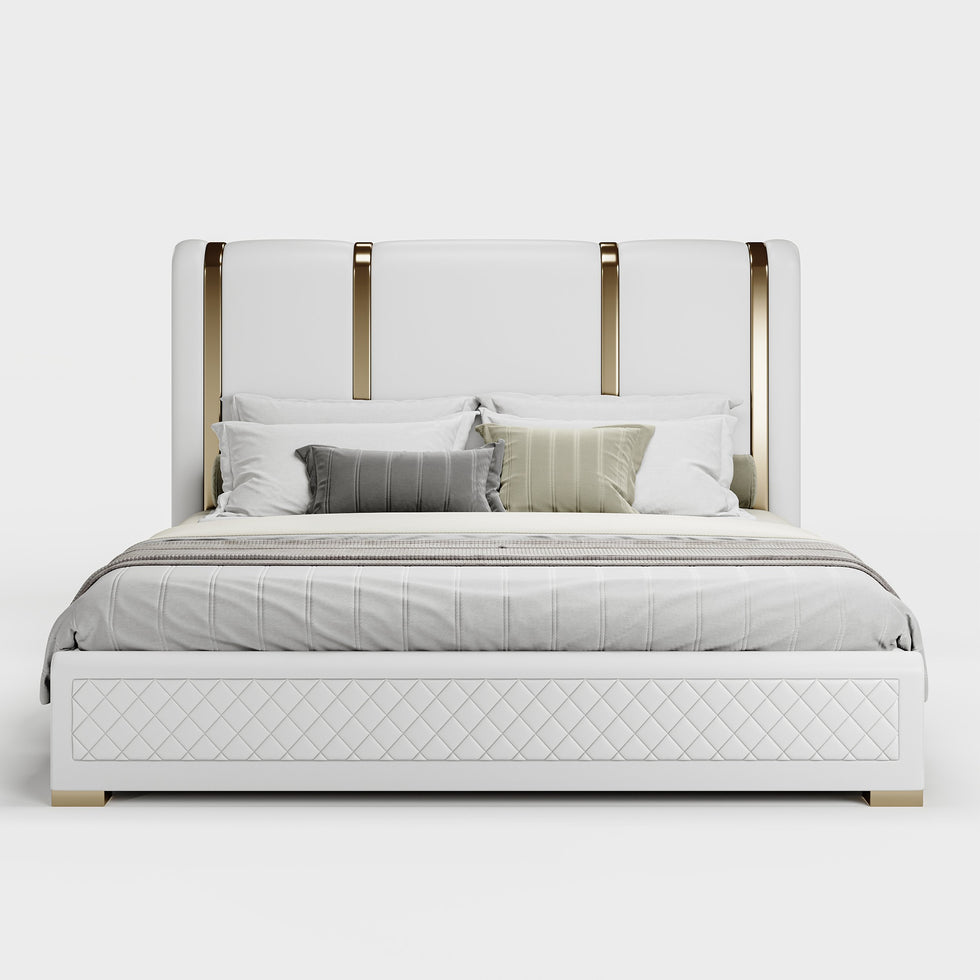 HMR - Modern Upholstered Bed Frame with Polished Gold and Faux Leather Headboard