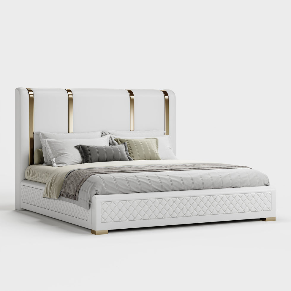 HMR - Modern Upholstered Bed Frame with Polished Gold and Faux Leather Headboard