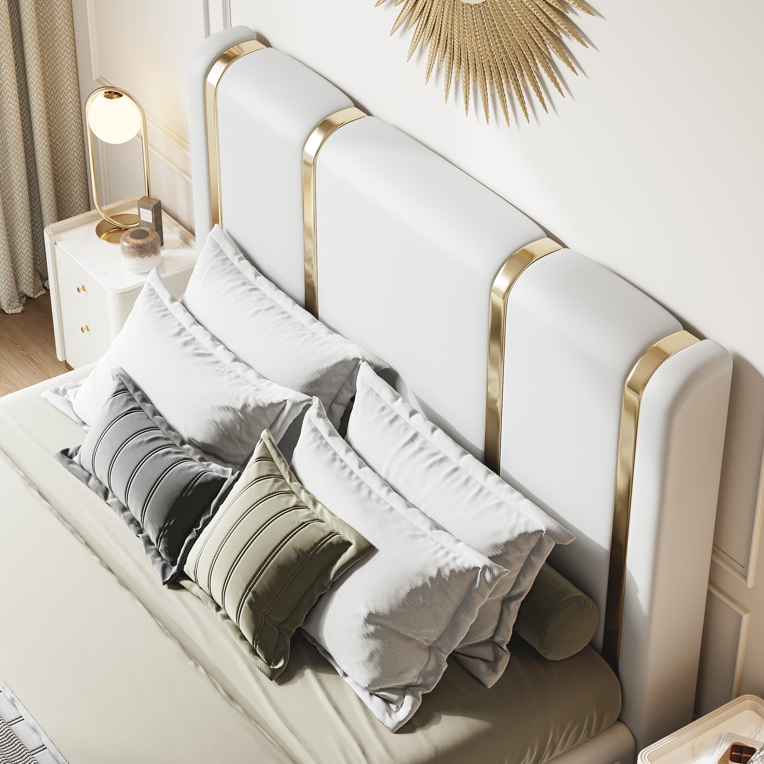 HMR - Modern Upholstered Bed Frame with Polished Gold and Faux Leather Headboard