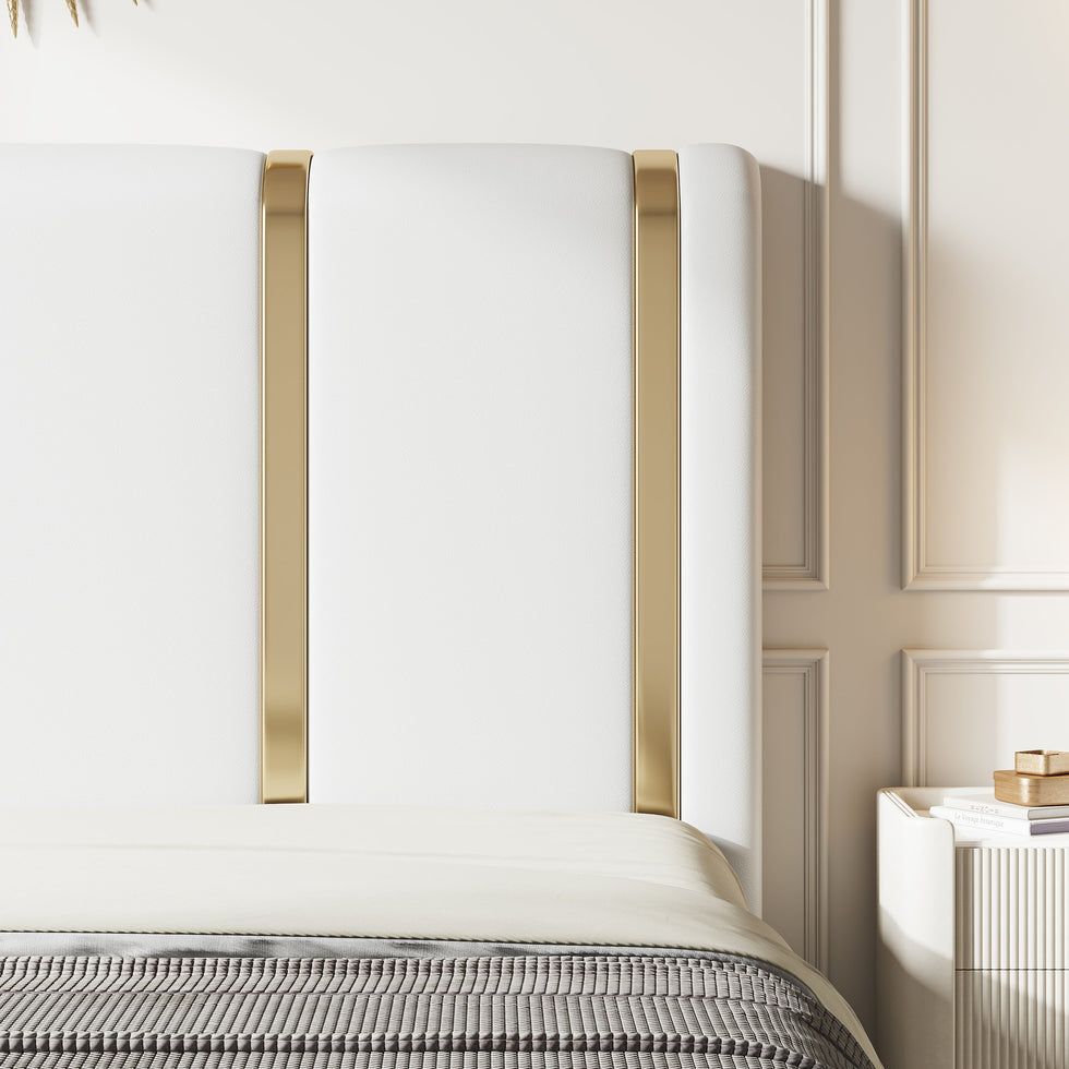 HMR - Modern Upholstered Bed Frame with Polished Gold and Faux Leather Headboard