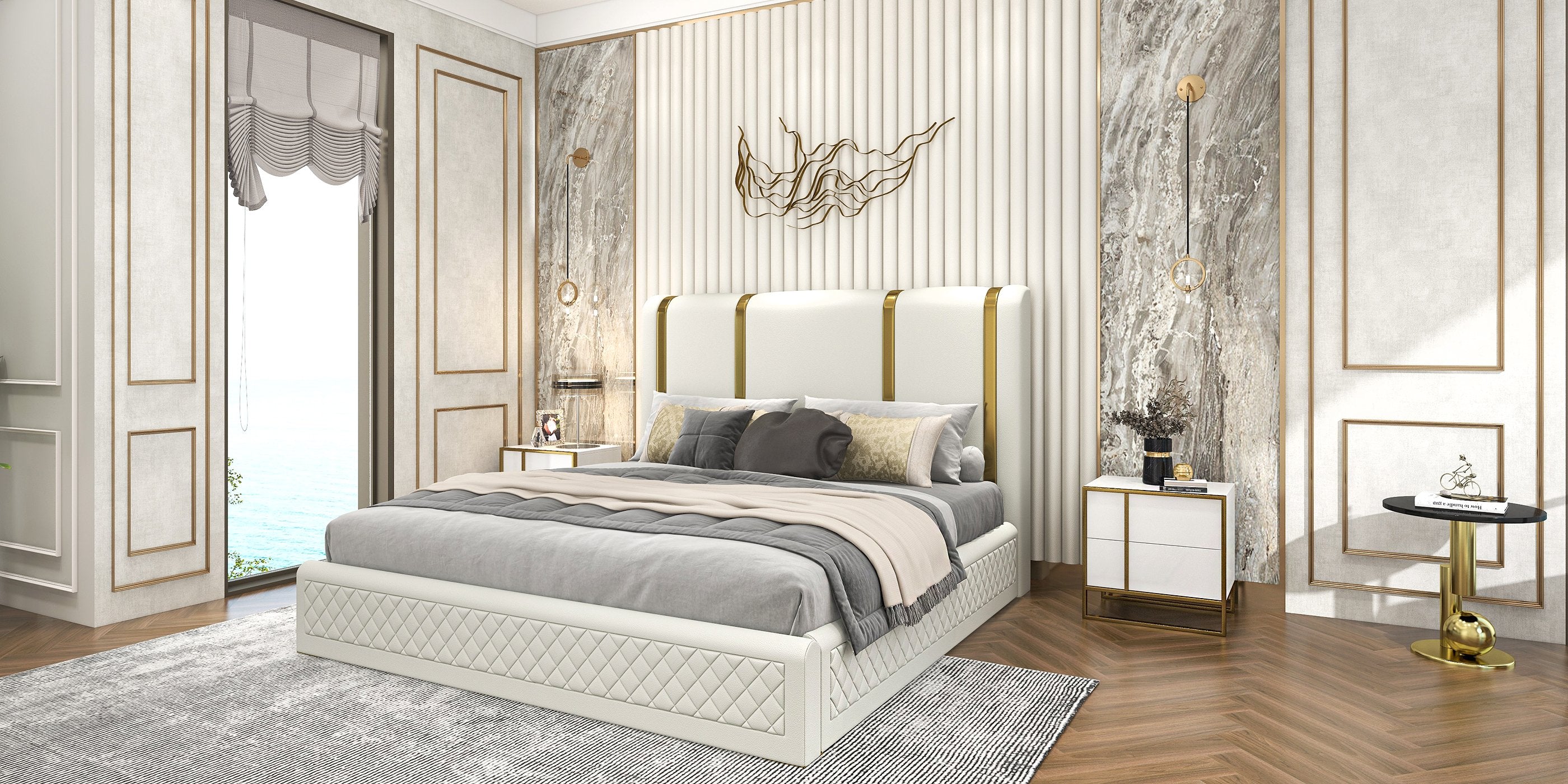 HMR - Modern Upholstered Bed Frame with Polished Gold and Faux Leather Headboard