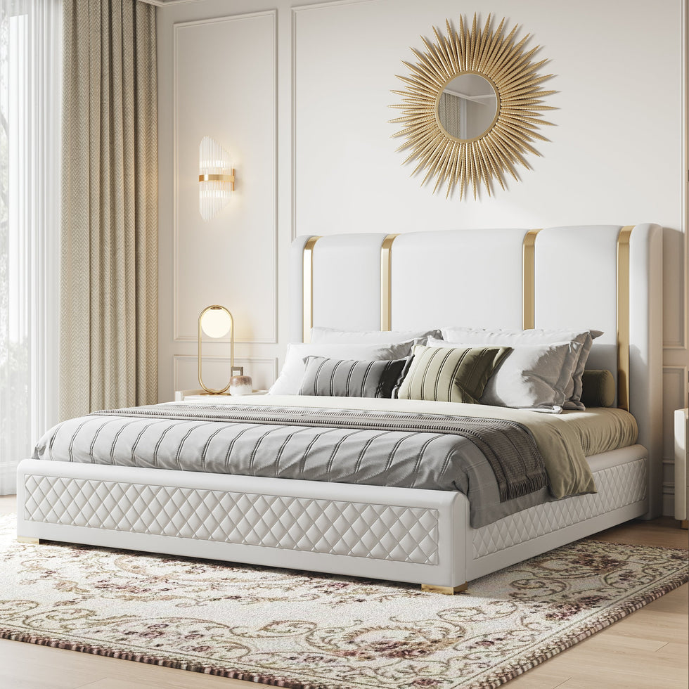 HMR - Modern Upholstered Bed Frame with Polished Gold and Faux Leather Headboard