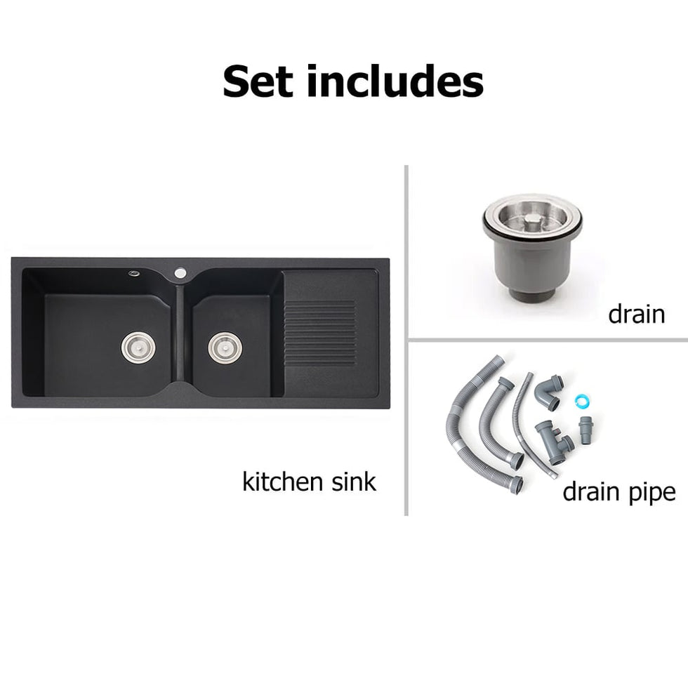 HMR - 45" Black Quartz Kitchen Sink Double Bowl Drop-In Sink with Drain Board