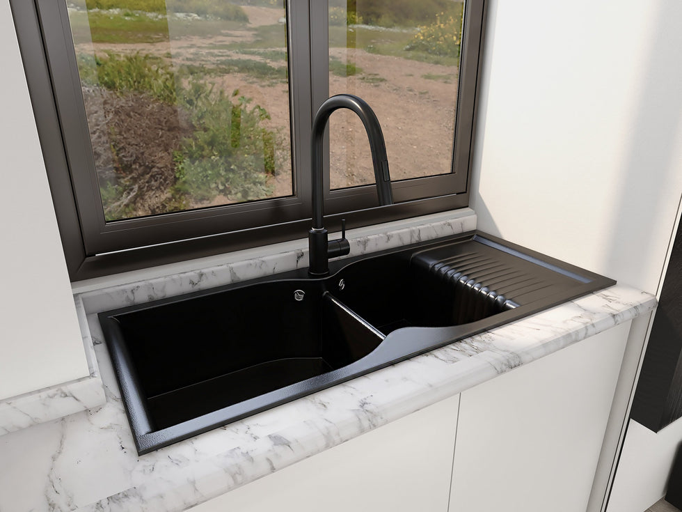 HMR - 45" Black Quartz Kitchen Sink Double Bowl Drop-In Sink with Drain Board