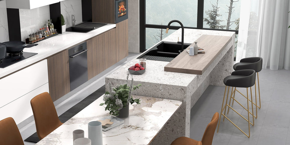 HMR - 45" Black Quartz Kitchen Sink Double Bowl Drop-In Sink with Drain Board