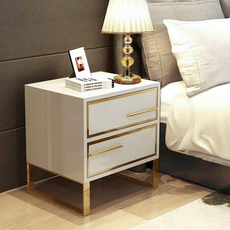HMR - Lacquered 2-Drawer Nightstand with Golden Stainless Steel Legs in White