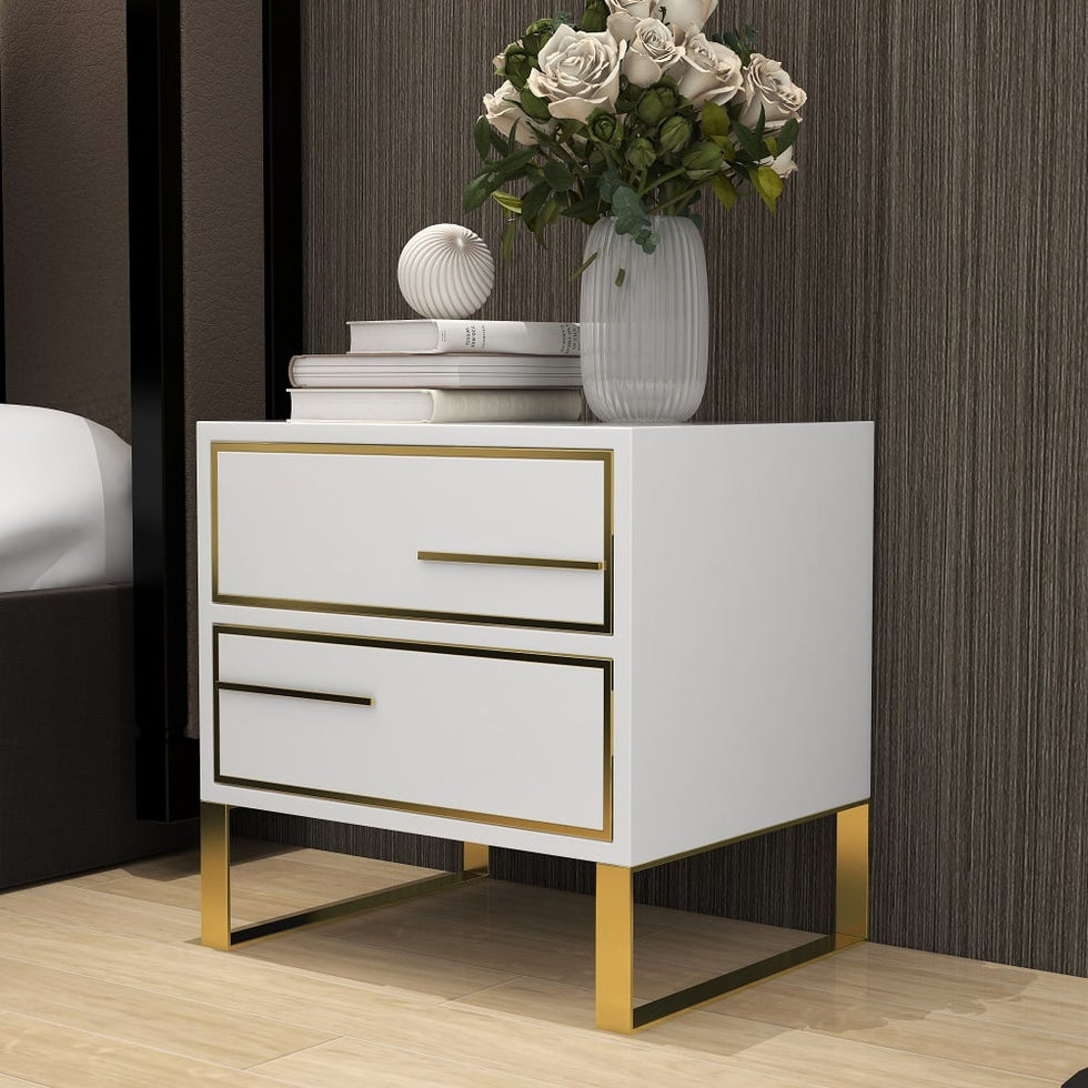 HMR - Lacquered 2-Drawer Nightstand with Golden Stainless Steel Legs in White