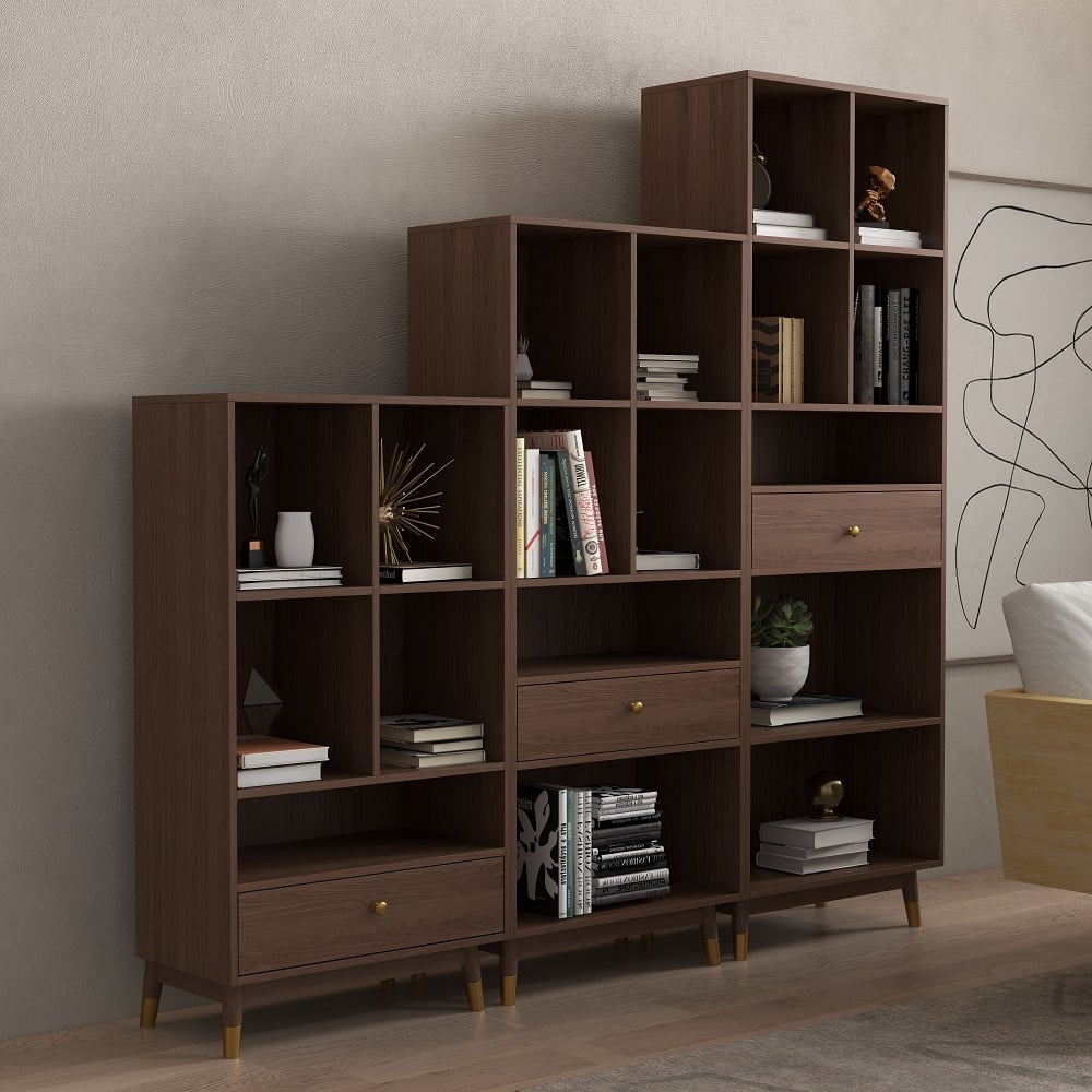 HMR - Ultic Modern Walnut Bookshelf Bookcase with Metal Frame and Drawer
