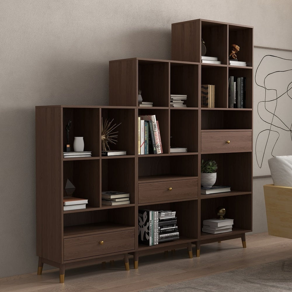 HMR - Ultic Modern Walnut Bookshelf Bookcase with Metal Frame and Drawer