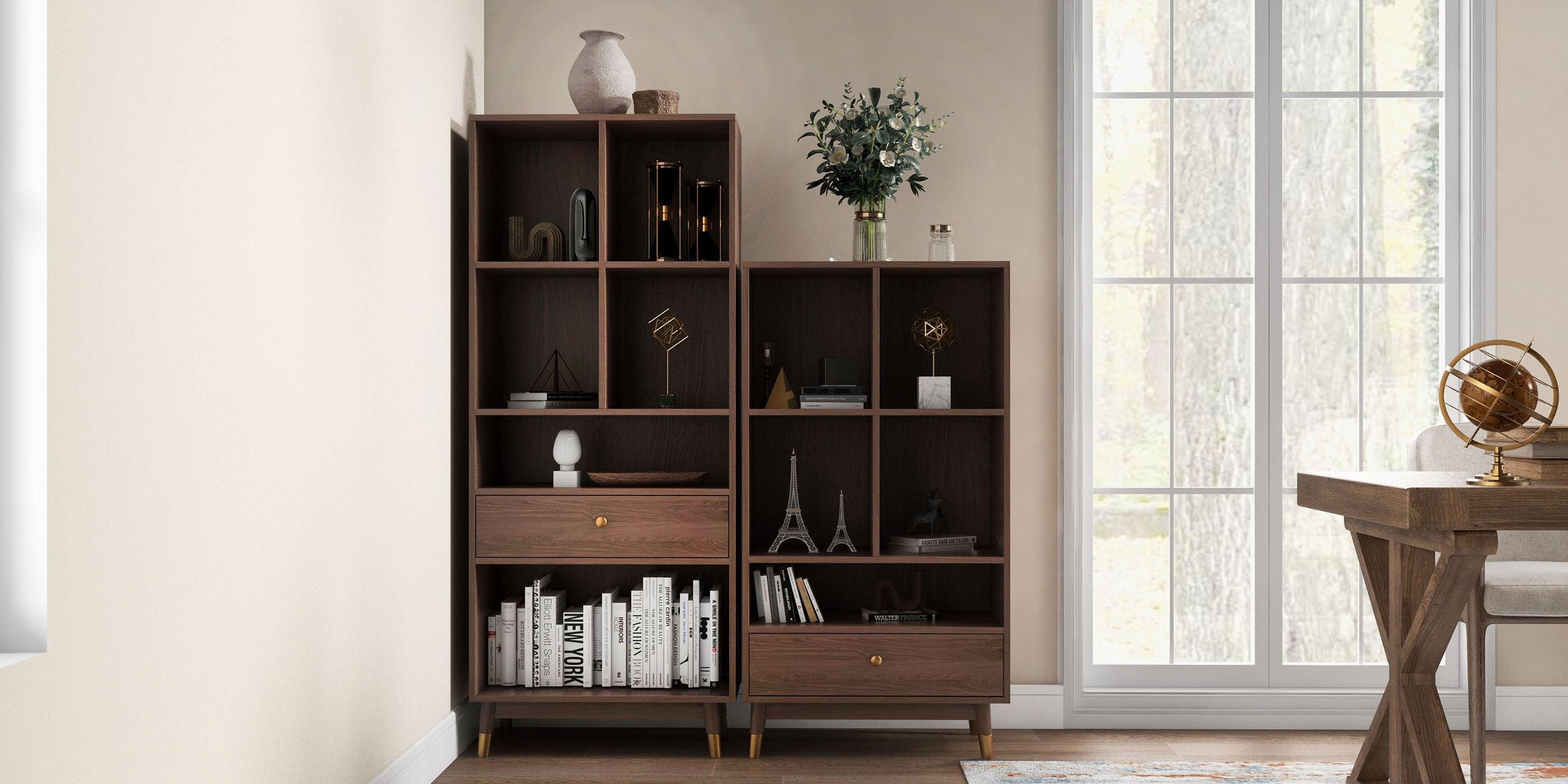 HMR - Ultic Modern Walnut Bookshelf Bookcase with Metal Frame and Drawer