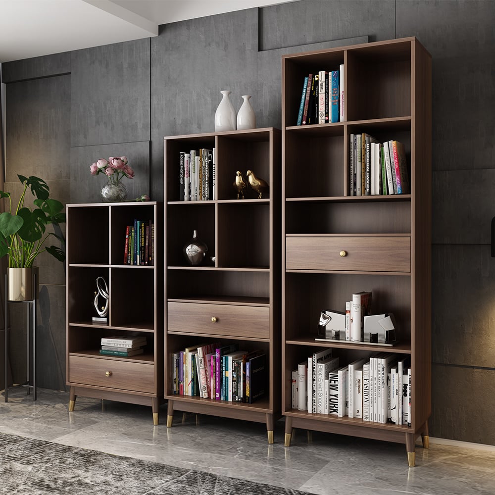 HMR - Ultic Modern Walnut Bookshelf Bookcase with Metal Frame and Drawer