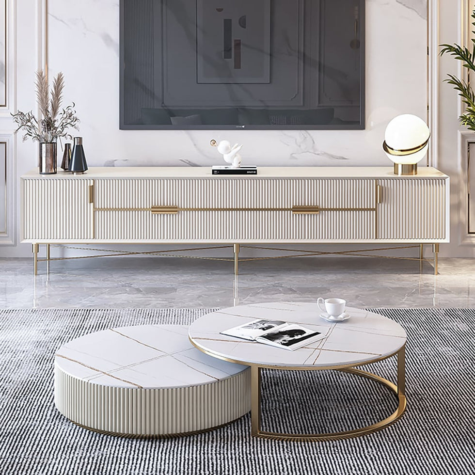 HMR - Round 2-Piece Sintered Stone Top Nesting Coffee Table with Drawer