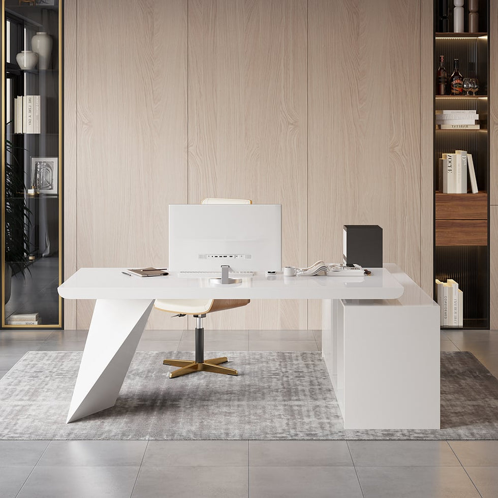 HMR - Modern Large L-Shape Executive Desk with Drawers & Cabinet