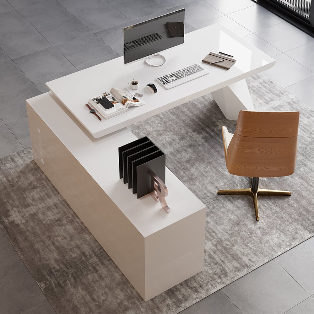 HMR - Modern Large L-Shape Executive Desk with Drawers & Cabinet