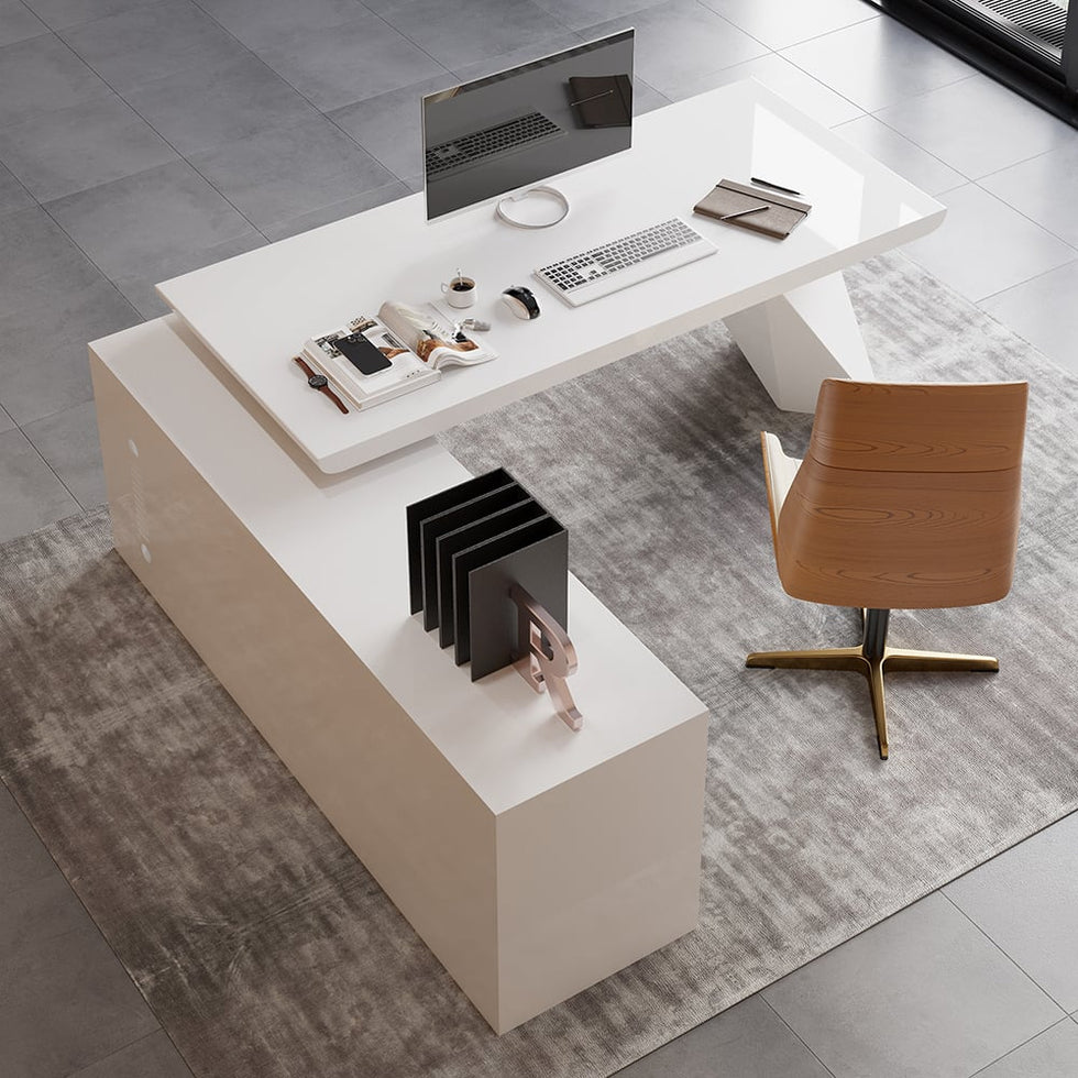 HMR - Modern Large L-Shape Executive Desk with Drawers & Cabinet