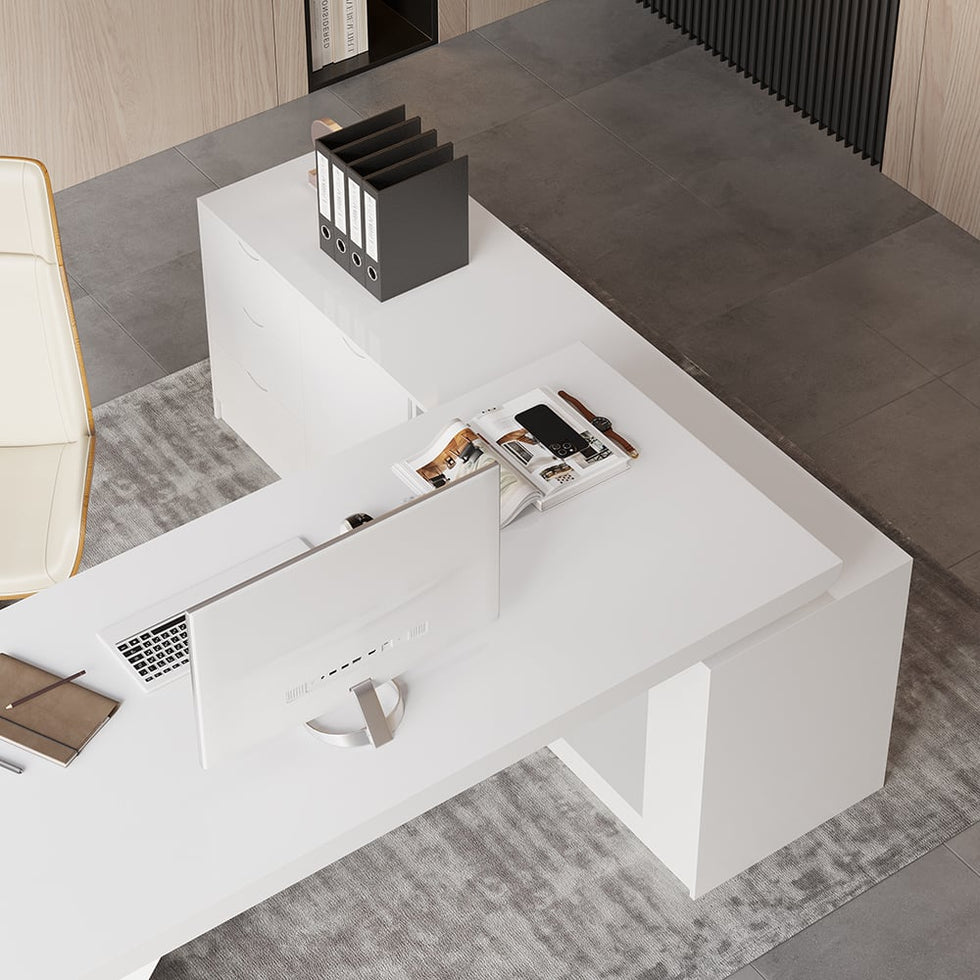 HMR - Modern Large L-Shape Executive Desk with Drawers & Cabinet