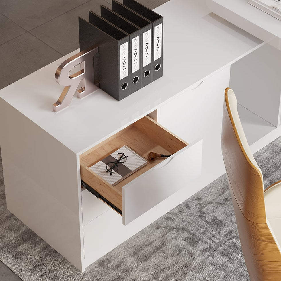 HMR - Modern Large L-Shape Executive Desk with Drawers & Cabinet