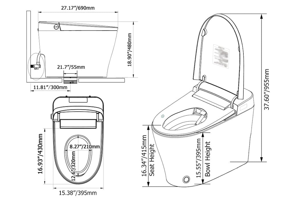 HMR - Smart Bidet Toilet with Foot Sensor Flushing 1.32 GPF