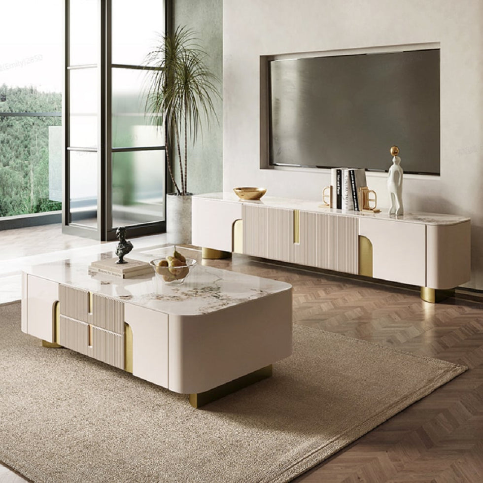 HMR - Artus Modern TV Stand Stone Top 4 Doors with Storage Media Console