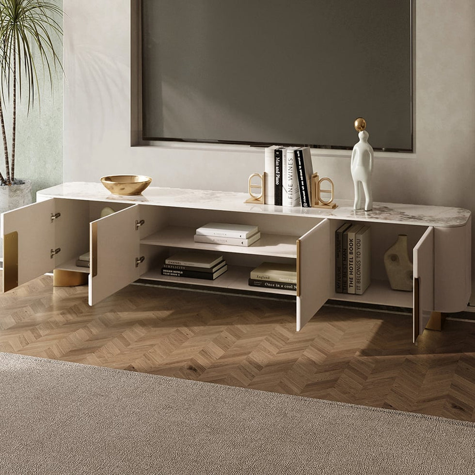HMR - Artus Modern TV Stand Stone Top 4 Doors with Storage Media Console