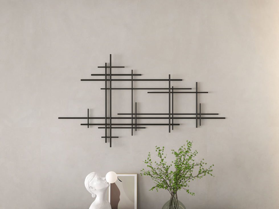 HMR - 39" Minimalist Black Metal Wall Decor with Vertical Lines for Living Room,Office,Hotel