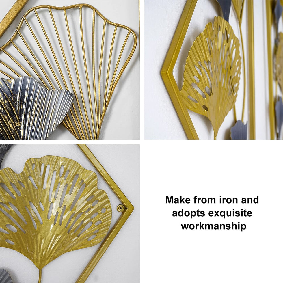 HMR - 2 Pieces Triangular Wall Hollow-out Ginkgo Leaves Floral Art in Metal