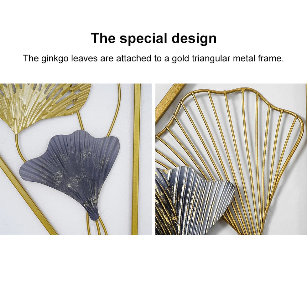 HMR - 2 Pieces Triangular Wall Hollow-out Ginkgo Leaves Floral Art in Metal