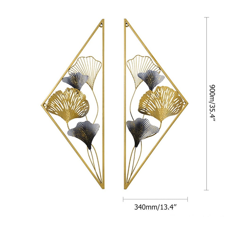 HMR - 2 Pieces Triangular Wall Hollow-out Ginkgo Leaves Floral Art in Metal