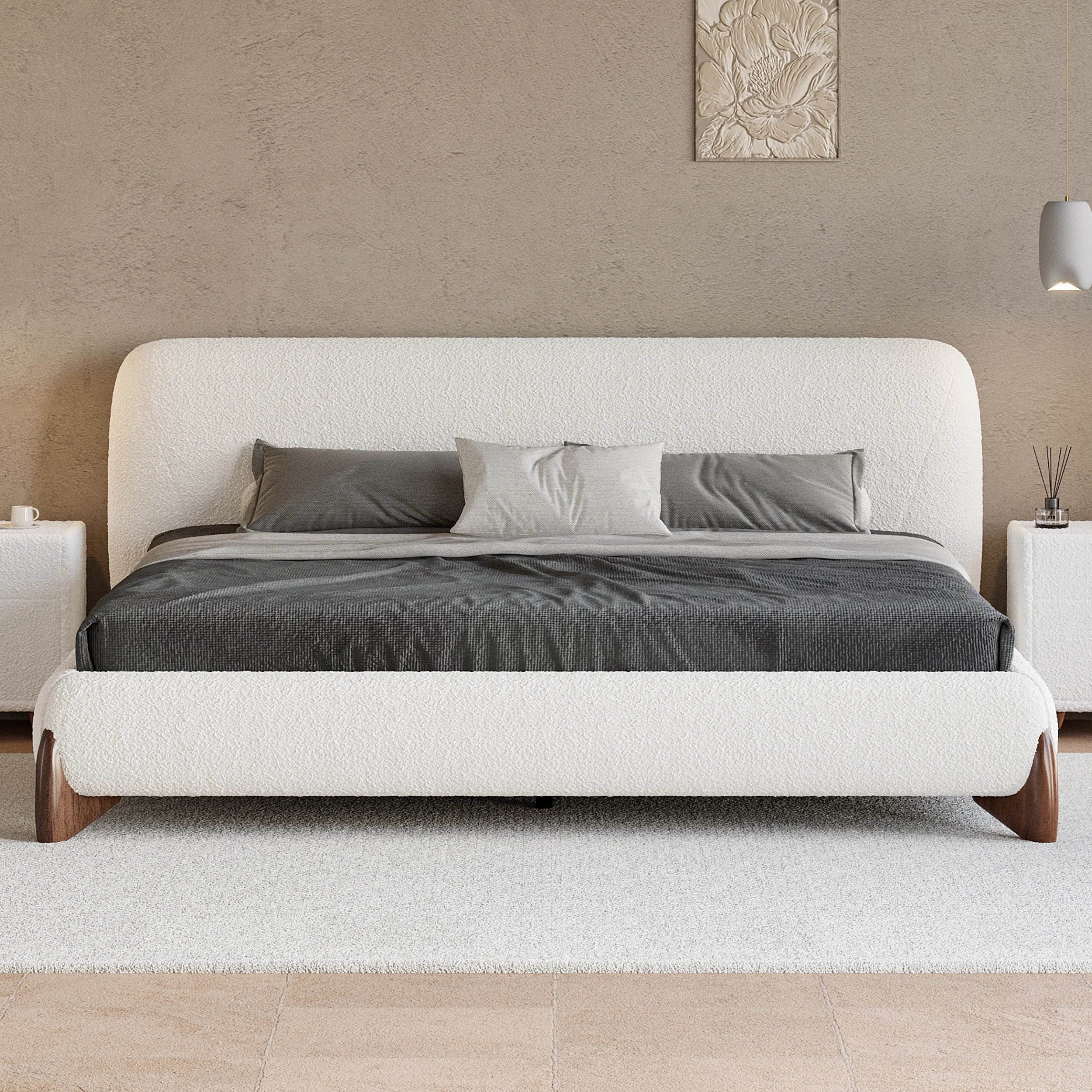 HMR - Curva Boucle Upholstered Platform Bed with Walnut Legs