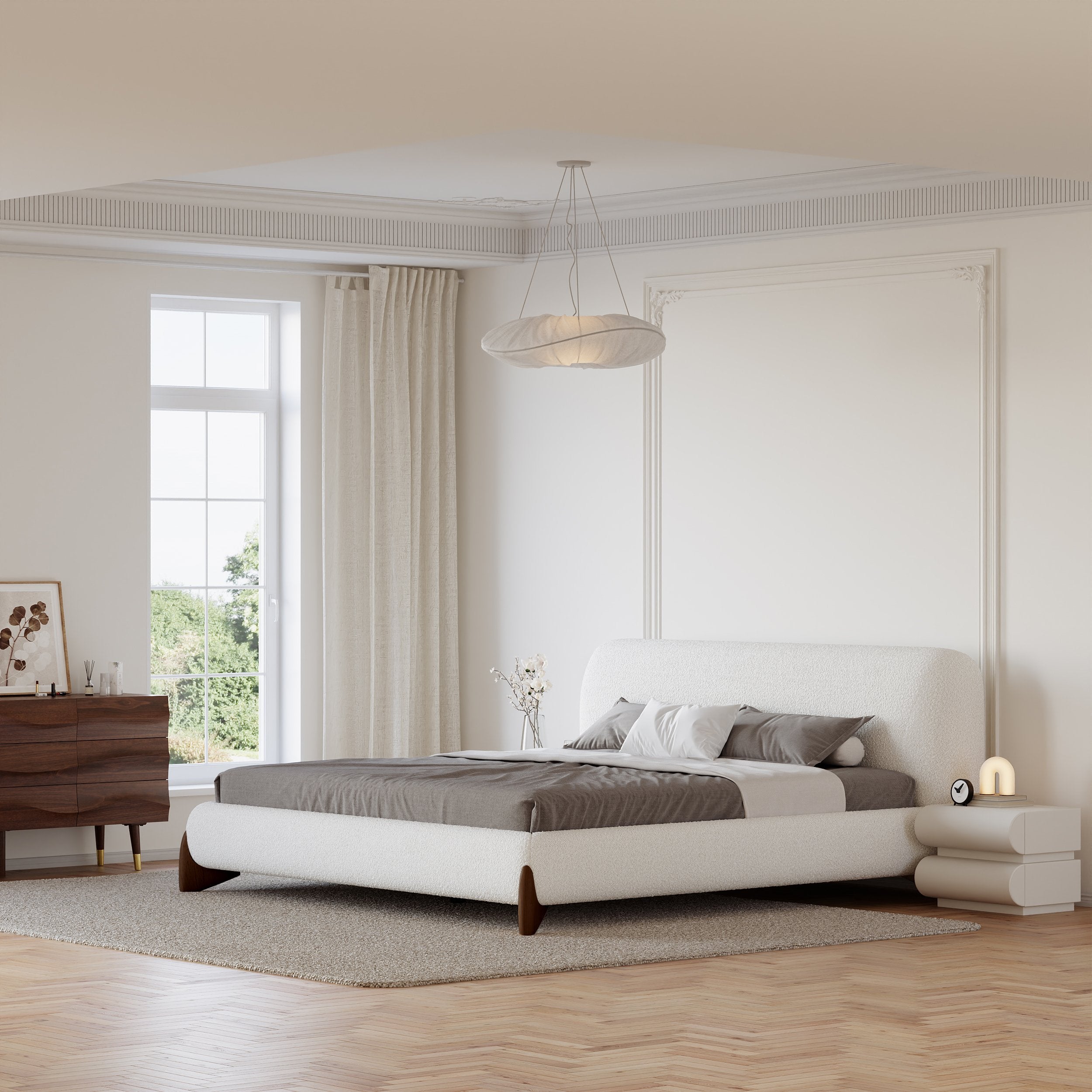 HMR - Curva Boucle Upholstered Platform Bed with Walnut Legs